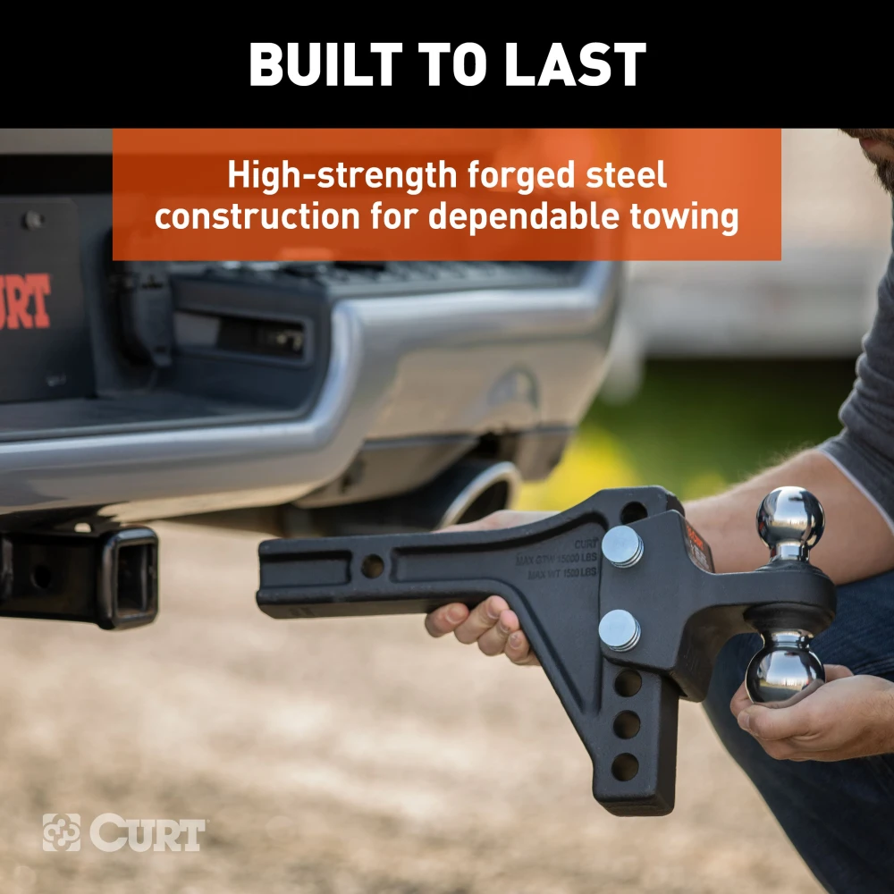 CURT adjustable trailer hitch ball mount featuring dual ball design for dependable towing and level adjustment.