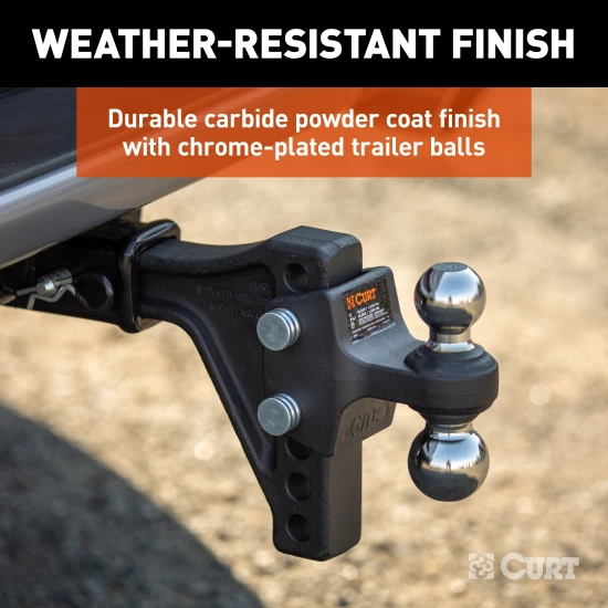 CURT adjustable trailer hitch ball mount featuring dual ball design for dependable towing and level adjustment.