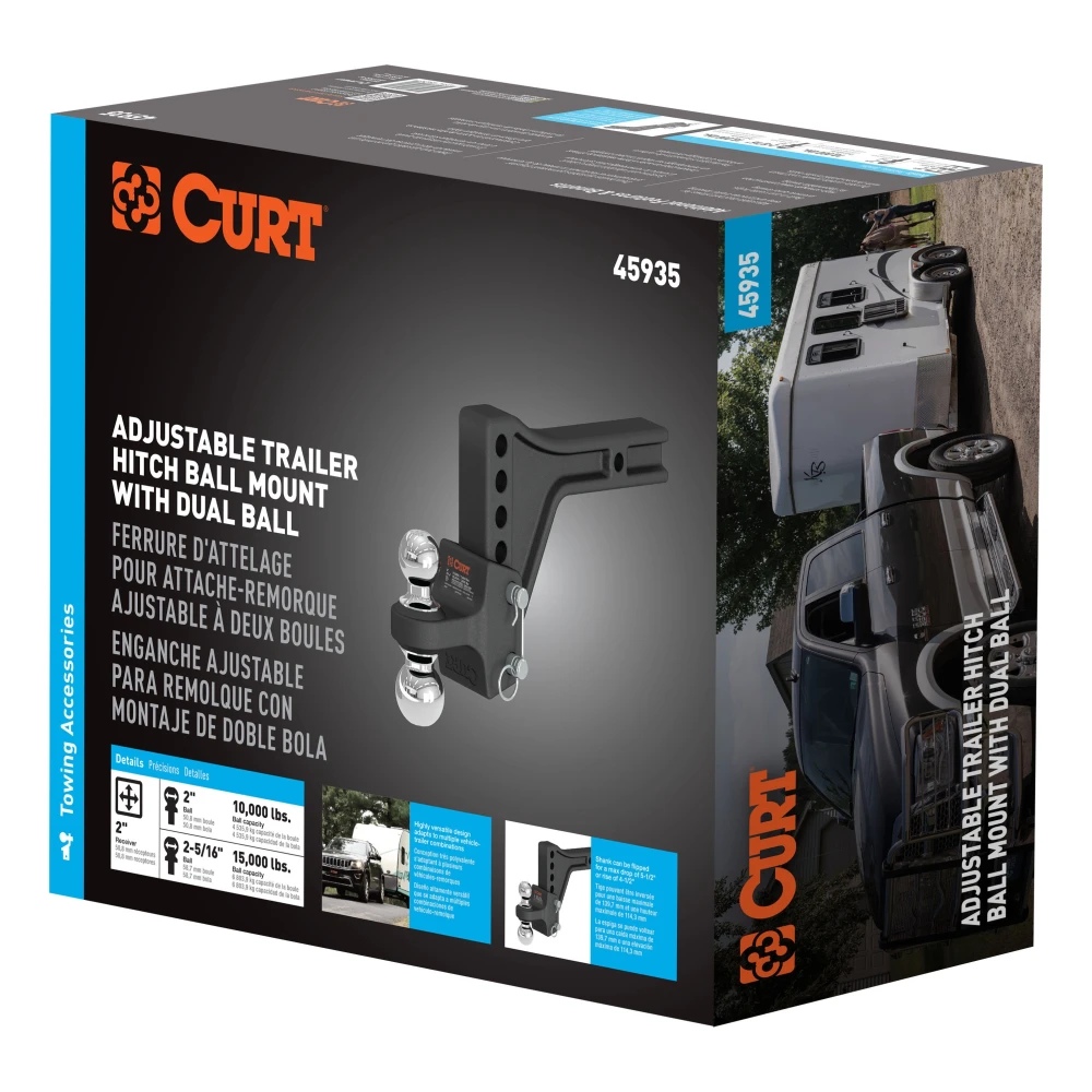 CURT adjustable trailer hitch ball mount featuring dual ball design for dependable towing and level adjustment.