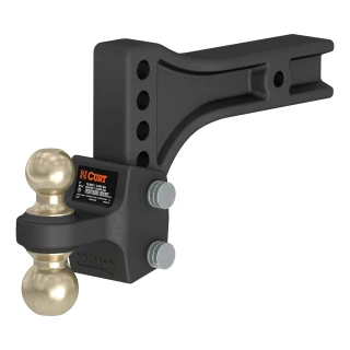 CURT trailer hitch ball mount with dual ball, steel construction, adjustable height, anti-rattle technology, two ball sizes
