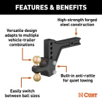 CURT trailer hitch ball mount with dual ball, steel construction, adjustable height, anti-rattle technology, two ball sizes