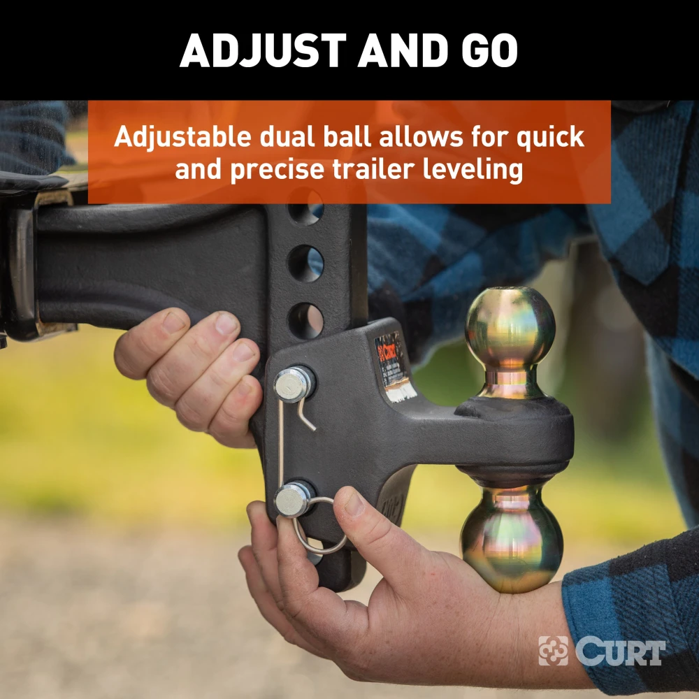 CURT trailer hitch ball mount with dual ball, steel construction, adjustable height, anti-rattle technology, two ball sizes
