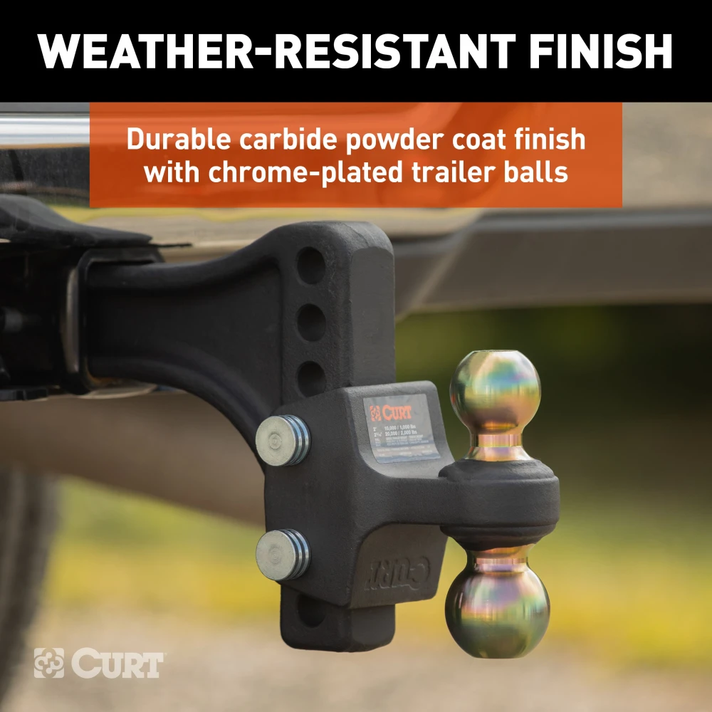 CURT trailer hitch ball mount with dual ball, steel construction, adjustable height, anti-rattle technology, two ball sizes