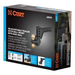 CURT trailer hitch ball mount with dual ball, steel construction, adjustable height, anti-rattle technology, two ball sizes