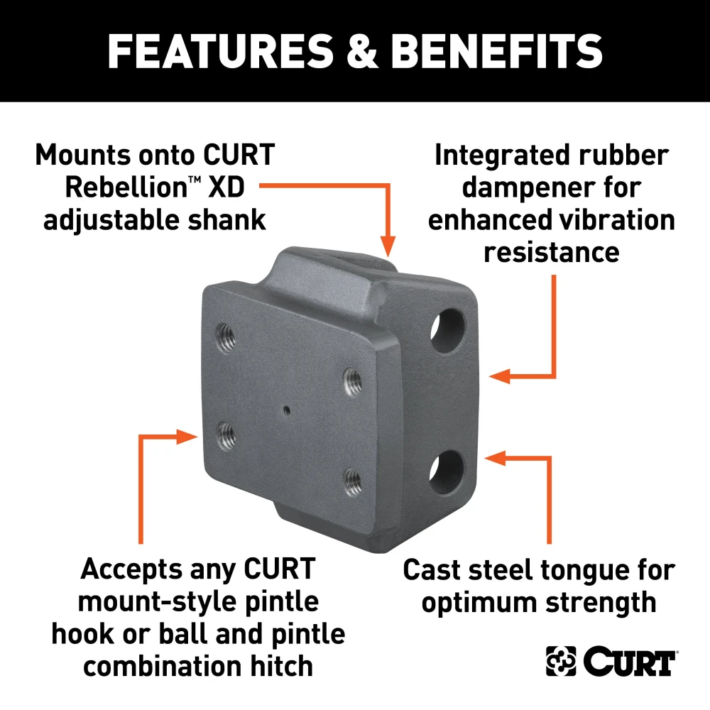 CURT Rebellion XD pintle mount with integrated rubber dampener for vibration resistance and enhanced towing control