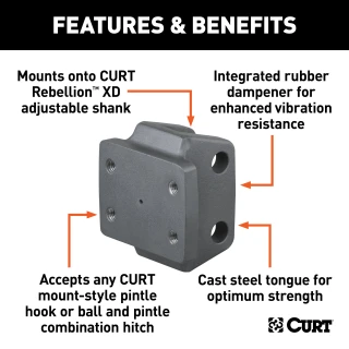 CURT Rebellion XD pintle mount with integrated rubber dampener for vibration resistance and enhanced towing control