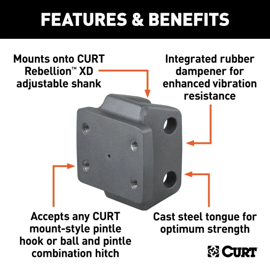 CURT Rebellion XD pintle mount with integrated rubber dampener for vibration resistance and enhanced towing control