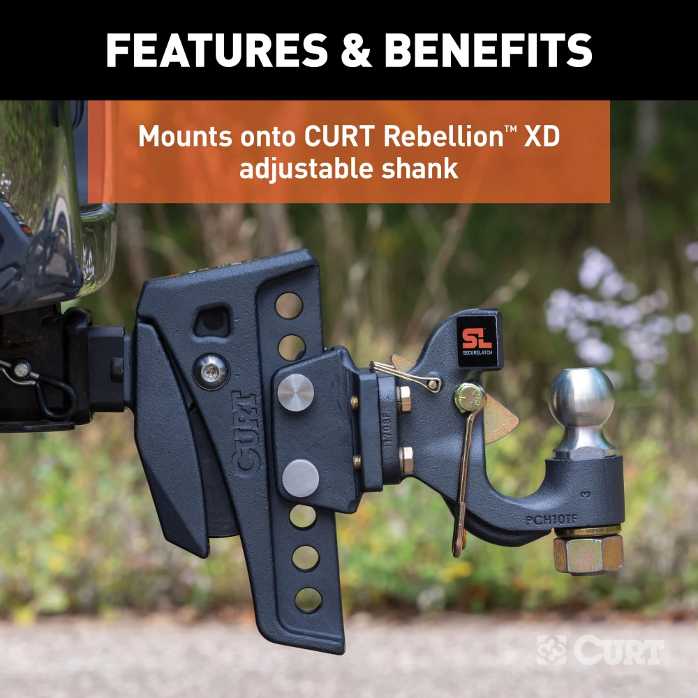 CURT Rebellion XD pintle mount with integrated rubber dampener for vibration resistance and enhanced towing control