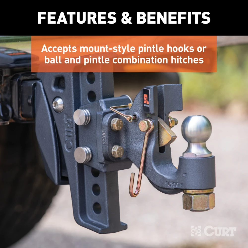 CURT Rebellion XD pintle mount with integrated rubber dampener for vibration resistance and enhanced towing control