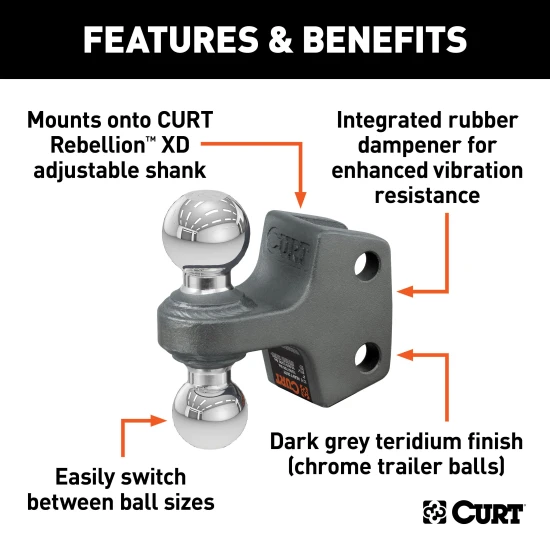 Dual ball replacement for Rebellion XD mount, 2" and 2-5/16" balls, towing accessory