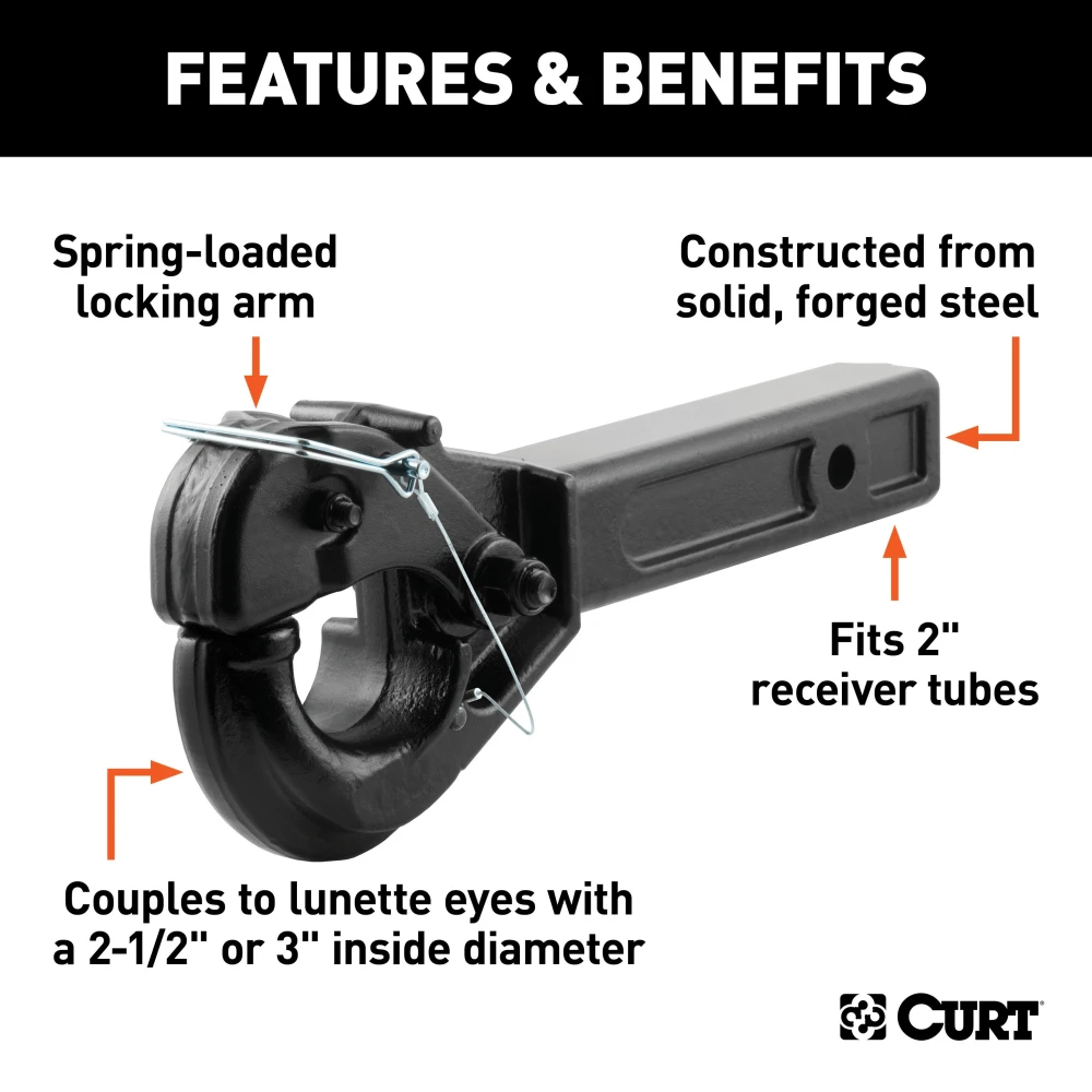 Pintle hitch with 10,000 lbs weight capacity, black powder finish for 2-inch receiver.