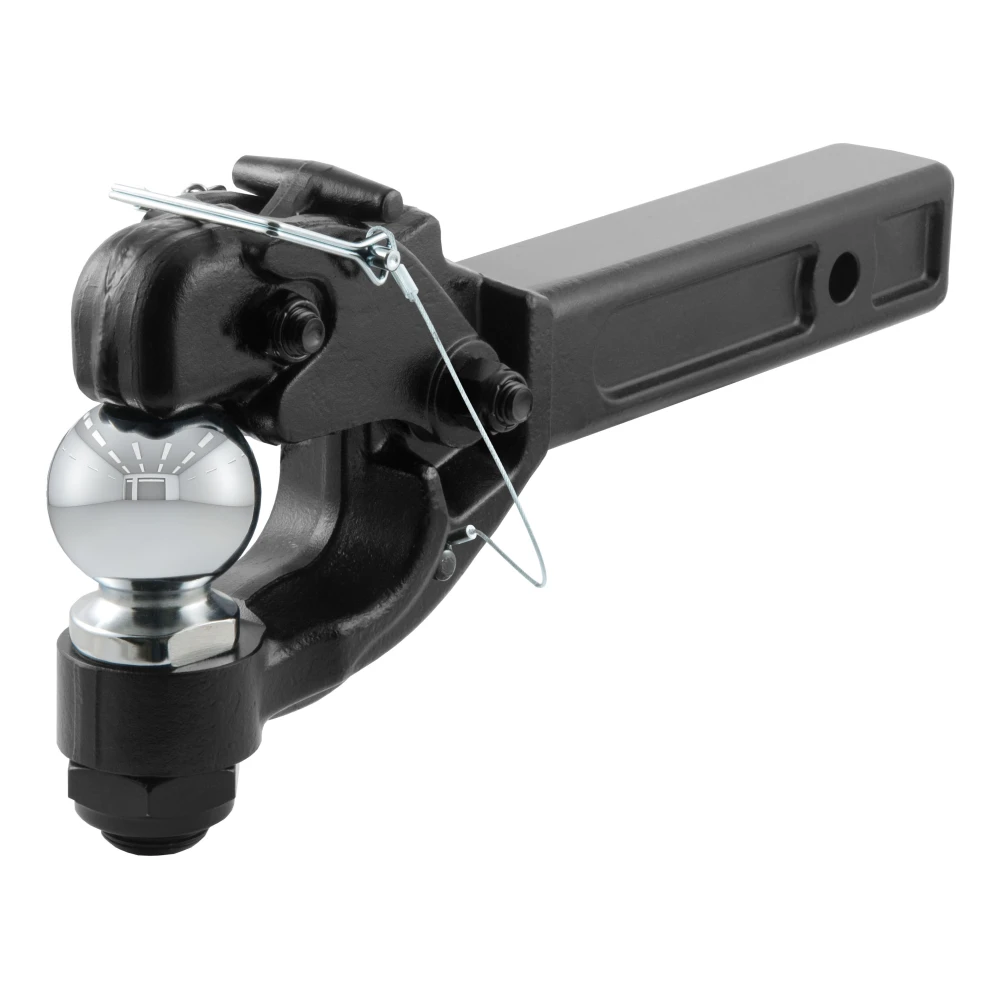 CURT combination ball and pintle hitch with black powder coat and chrome finish.