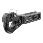 Pintle hitch with black powder coat finish and solid steel shank, ideal for heavy-duty applications.