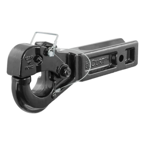 Pintle hitch with black powder coat finish and solid steel shank, ideal for heavy-duty applications.