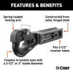 Pintle hitch with black powder coat finish and solid steel shank, ideal for heavy-duty applications.