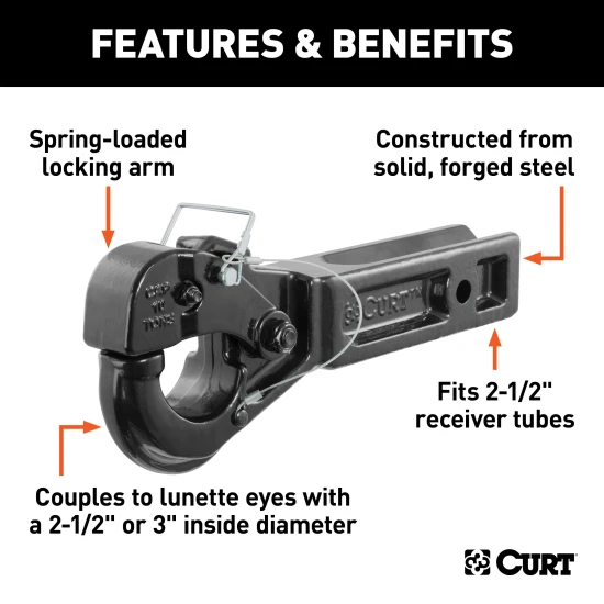 Pintle hitch with black powder coat finish and solid steel shank, ideal for heavy-duty applications.