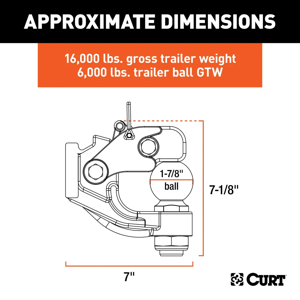 CURT combination ball and pintle hitch for heavy-duty towing, featuring a durable powder coat finish and secure coupling.