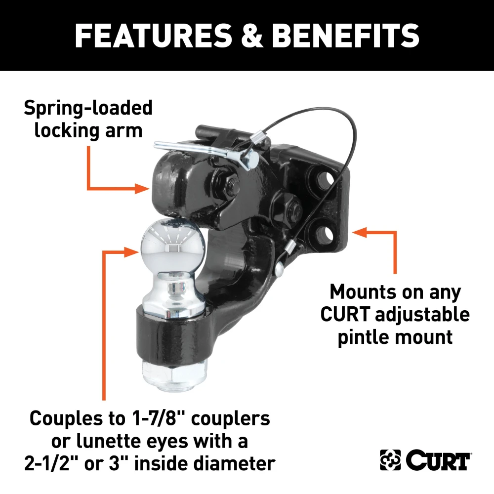 CURT combination ball and pintle hitch for heavy-duty towing, featuring a durable powder coat finish and secure coupling.