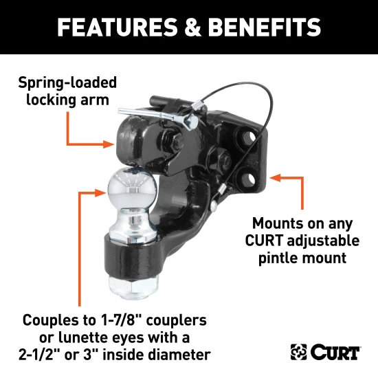 CURT combination ball and pintle hitch for heavy-duty towing, featuring a durable powder coat finish and secure coupling.