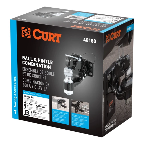 CURT combination ball and pintle hitch for heavy-duty towing, featuring a durable powder coat finish and secure coupling.
