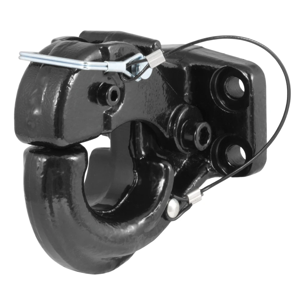 CURT pintle hitch with a black carbide powder coat finish, designed for heavy-duty towing