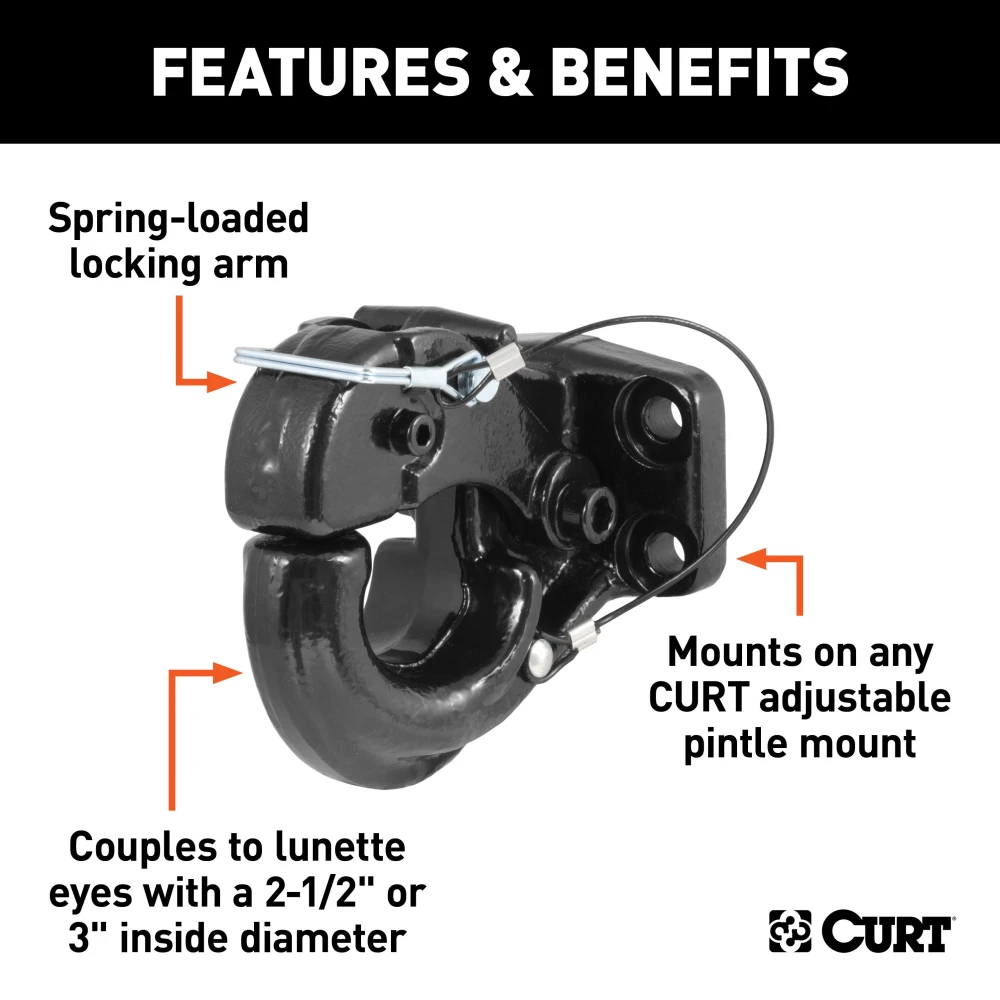 CURT pintle hitch with a black carbide powder coat finish, designed for heavy-duty towing