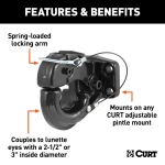 CURT pintle hitch with a black carbide powder coat finish, designed for heavy-duty towing