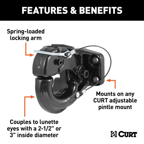 CURT pintle hitch with a black carbide powder coat finish, designed for heavy-duty towing