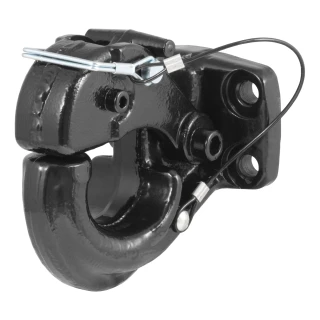 CURT pintle hitch featuring a secure latch and durable black powder coat finish for heavy-duty towing.