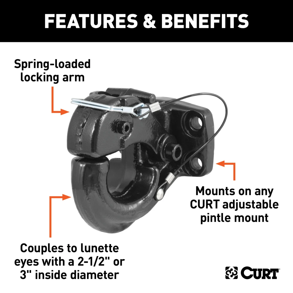 CURT pintle hitch featuring a secure latch and durable black powder coat finish for heavy-duty towing.