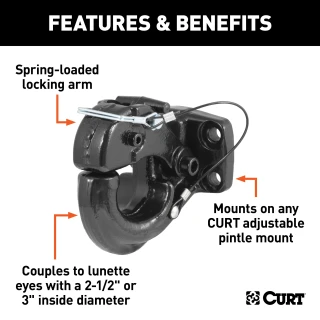 CURT pintle hitch featuring a secure latch and durable black powder coat finish for heavy-duty towing.