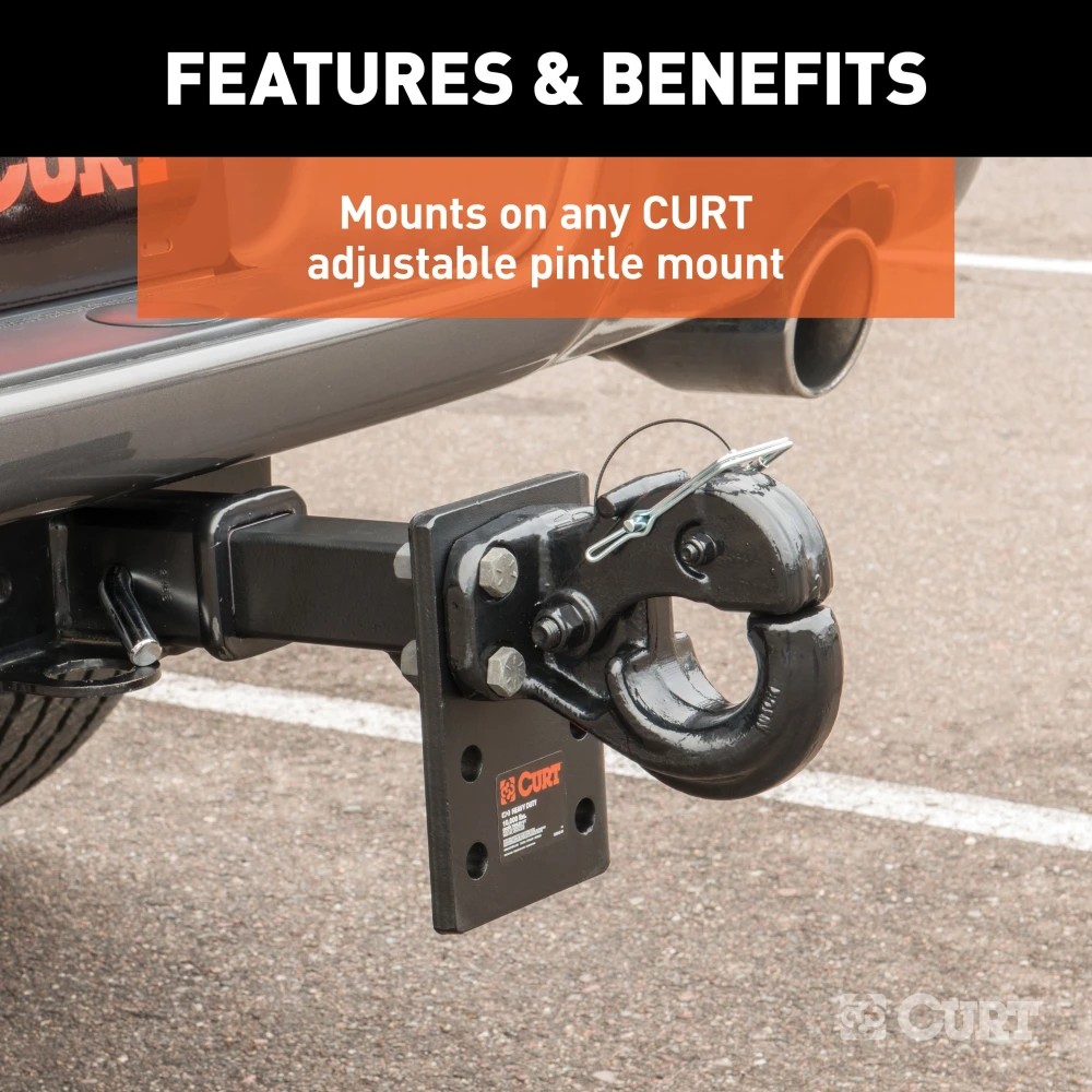 CURT pintle hitch featuring a secure latch and durable black powder coat finish for heavy-duty towing.