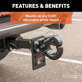 CURT pintle hitch featuring a secure latch and durable black powder coat finish for heavy-duty towing.