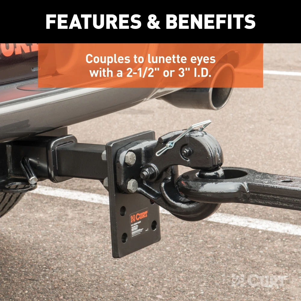 CURT pintle hitch featuring a secure latch and durable black powder coat finish for heavy-duty towing.