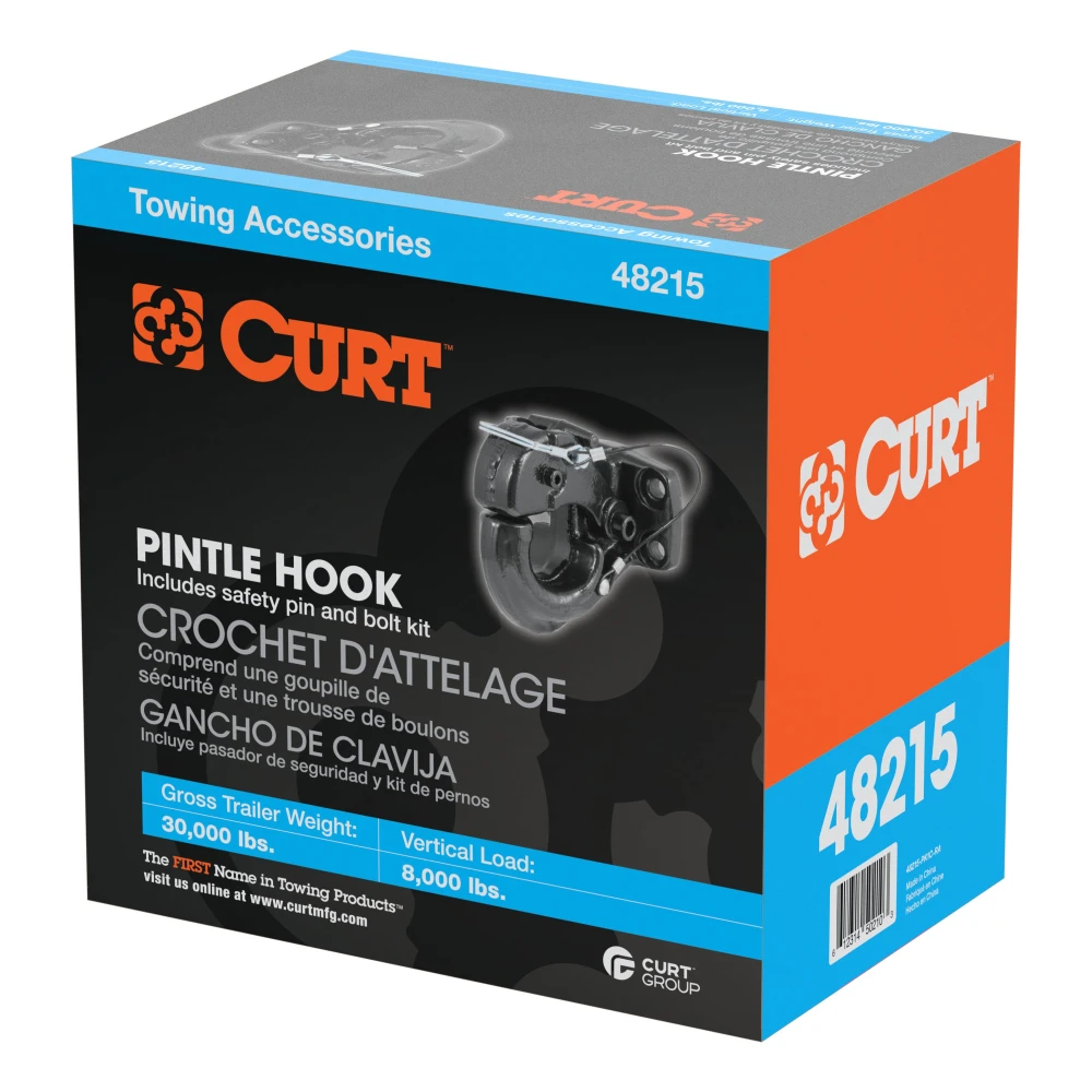 CURT pintle hitch featuring a secure latch and durable black powder coat finish for heavy-duty towing.
