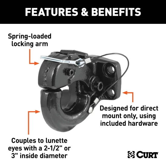 CURT pintle hitch featuring a 60,000 lbs trailer capacity and powder coat finish