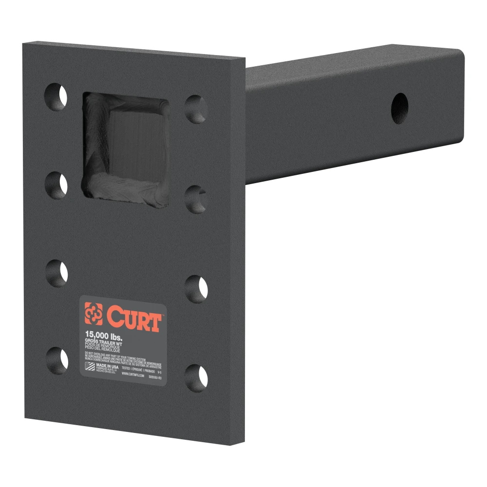 CURT adjustable pintle mount suitable for heavy-duty towing, up to 15,000 lbs, with black carbide powder coat finish.