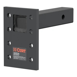 CURT adjustable pintle mount suitable for heavy-duty towing, up to 15,000 lbs, with black carbide powder coat finish.