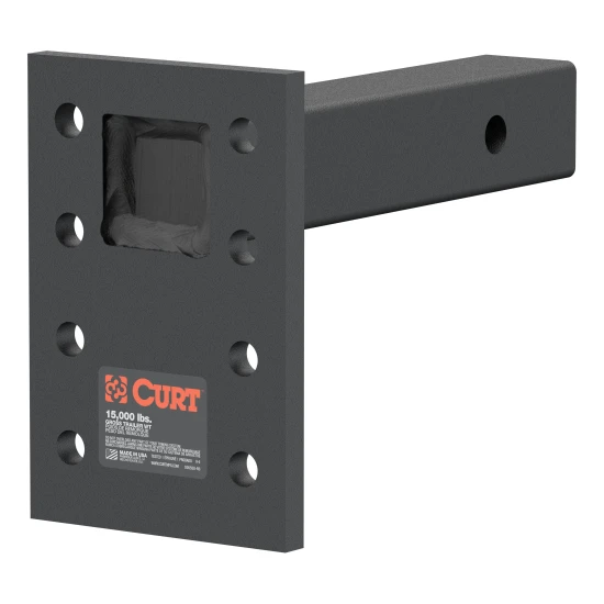 CURT adjustable pintle mount suitable for heavy-duty towing, up to 15,000 lbs, with black carbide powder coat finish.