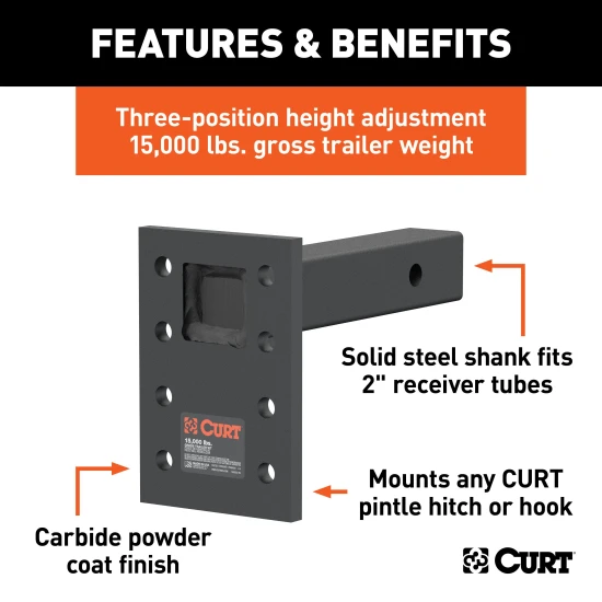 CURT adjustable pintle mount suitable for heavy-duty towing, up to 15,000 lbs, with black carbide powder coat finish.