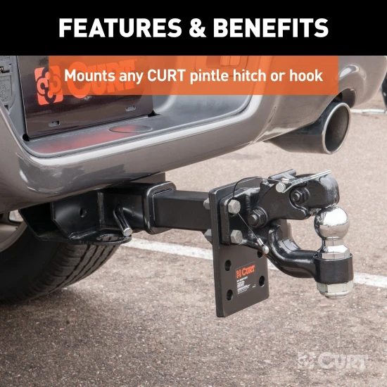 CURT adjustable pintle mount suitable for heavy-duty towing, up to 15,000 lbs, with black carbide powder coat finish.