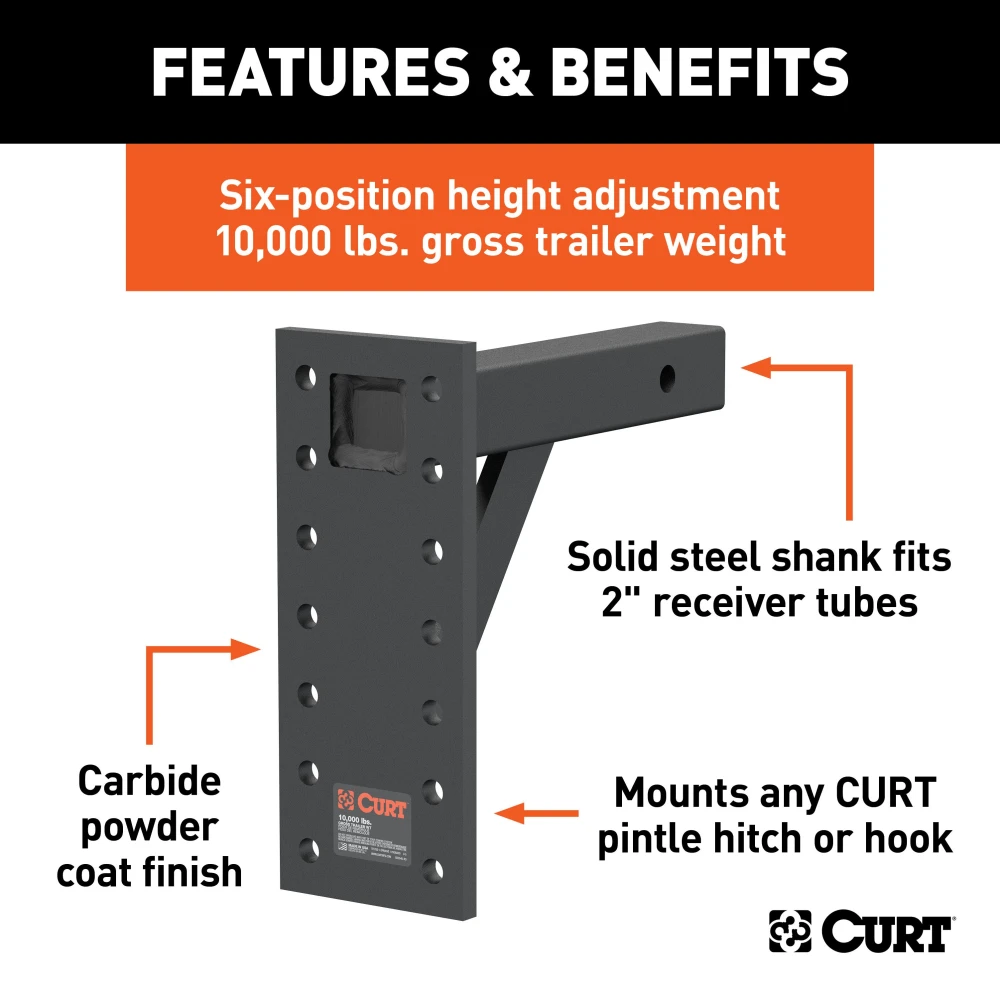 CURT adjustable pintle mount with six height settings for 2-inch hitch receiver