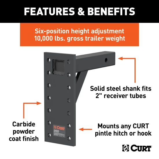 CURT adjustable pintle mount with six height settings for 2-inch hitch receiver