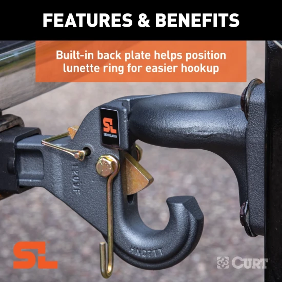 CURT SecureLatch pintle hook featuring innovative auto-lock technology for trailers.