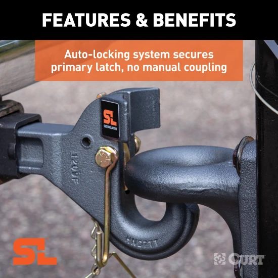 CURT SecureLatch pintle hook featuring innovative auto-lock technology for trailers.