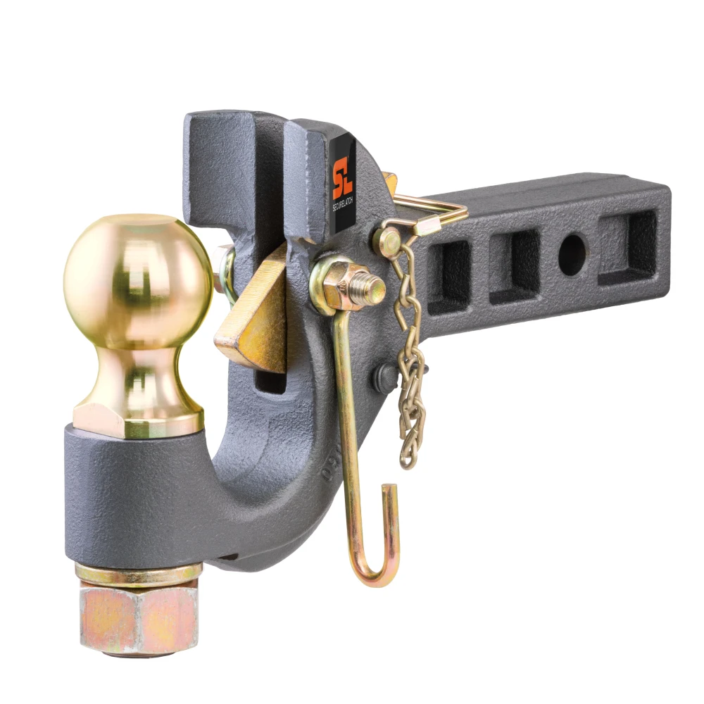 CURT SecureLatch pintle ball hitch featuring auto-lock technology for easy trailer coupling and rated 14,000 lbs capacity.