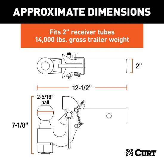 CURT SecureLatch pintle ball hitch featuring auto-lock technology for easy trailer coupling and rated 14,000 lbs capacity.
