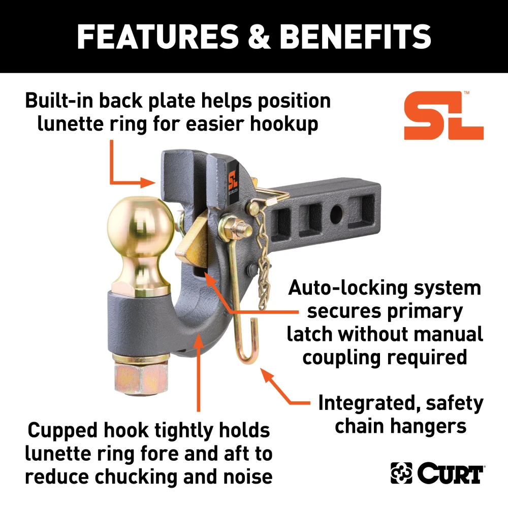 CURT SecureLatch pintle ball hitch featuring auto-lock technology for easy trailer coupling and rated 14,000 lbs capacity.