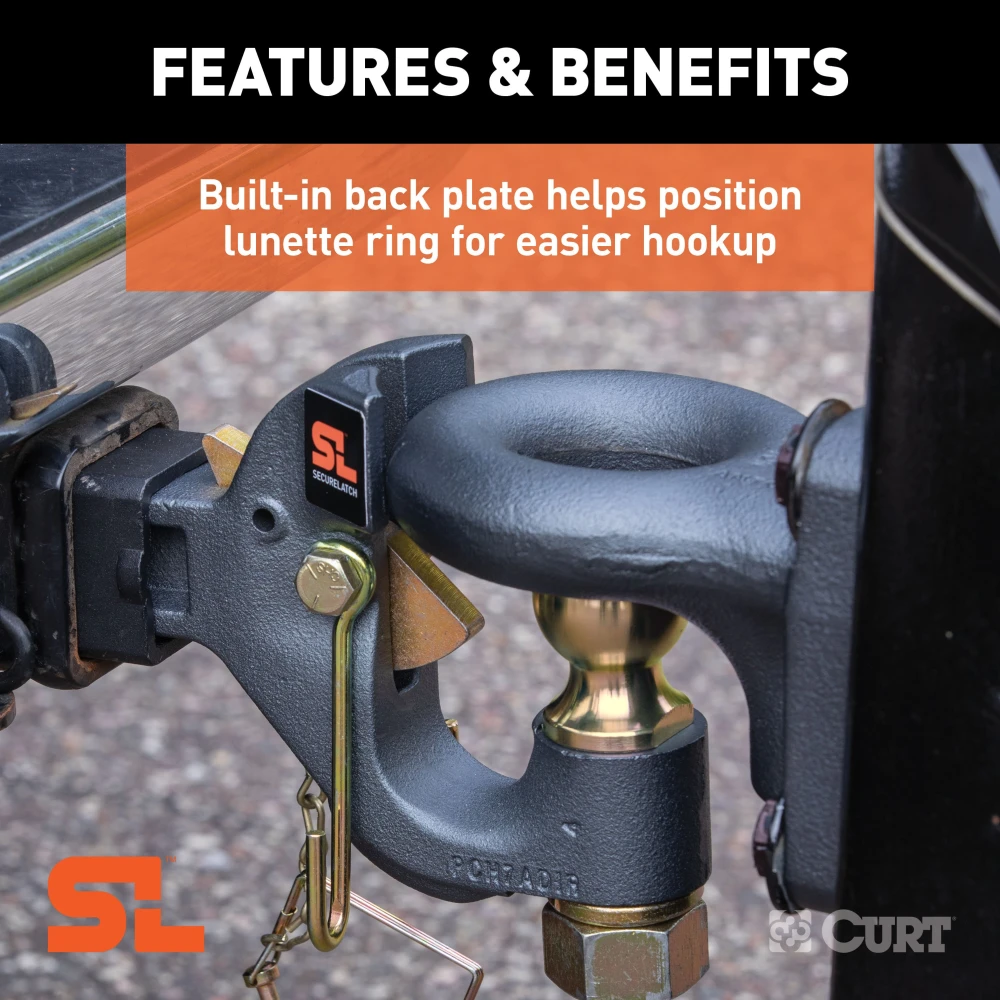 CURT SecureLatch pintle ball hitch featuring auto-lock technology for easy trailer coupling and rated 14,000 lbs capacity.