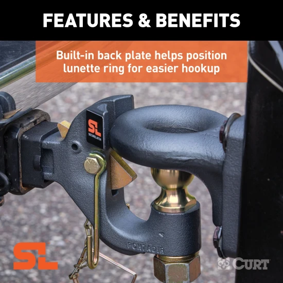CURT SecureLatch pintle ball hitch featuring auto-lock technology for easy trailer coupling and rated 14,000 lbs capacity.